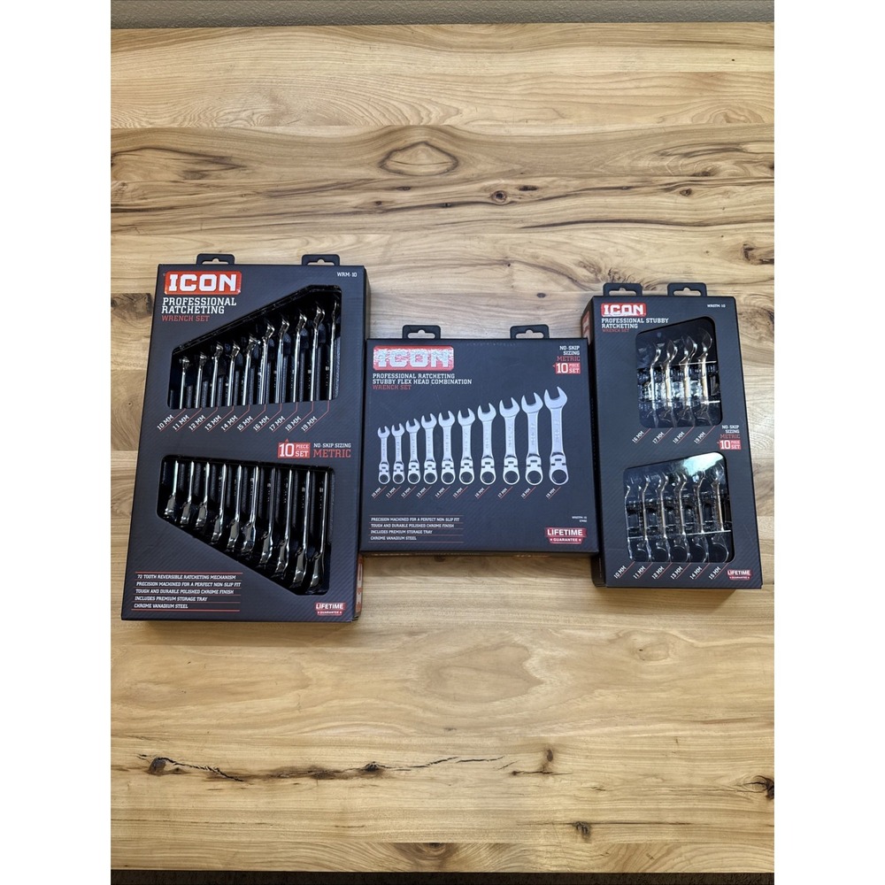 Icon Tools Ratcheting Wrench Set Bundle Of 3 - Professional, Flex Head, Stubby